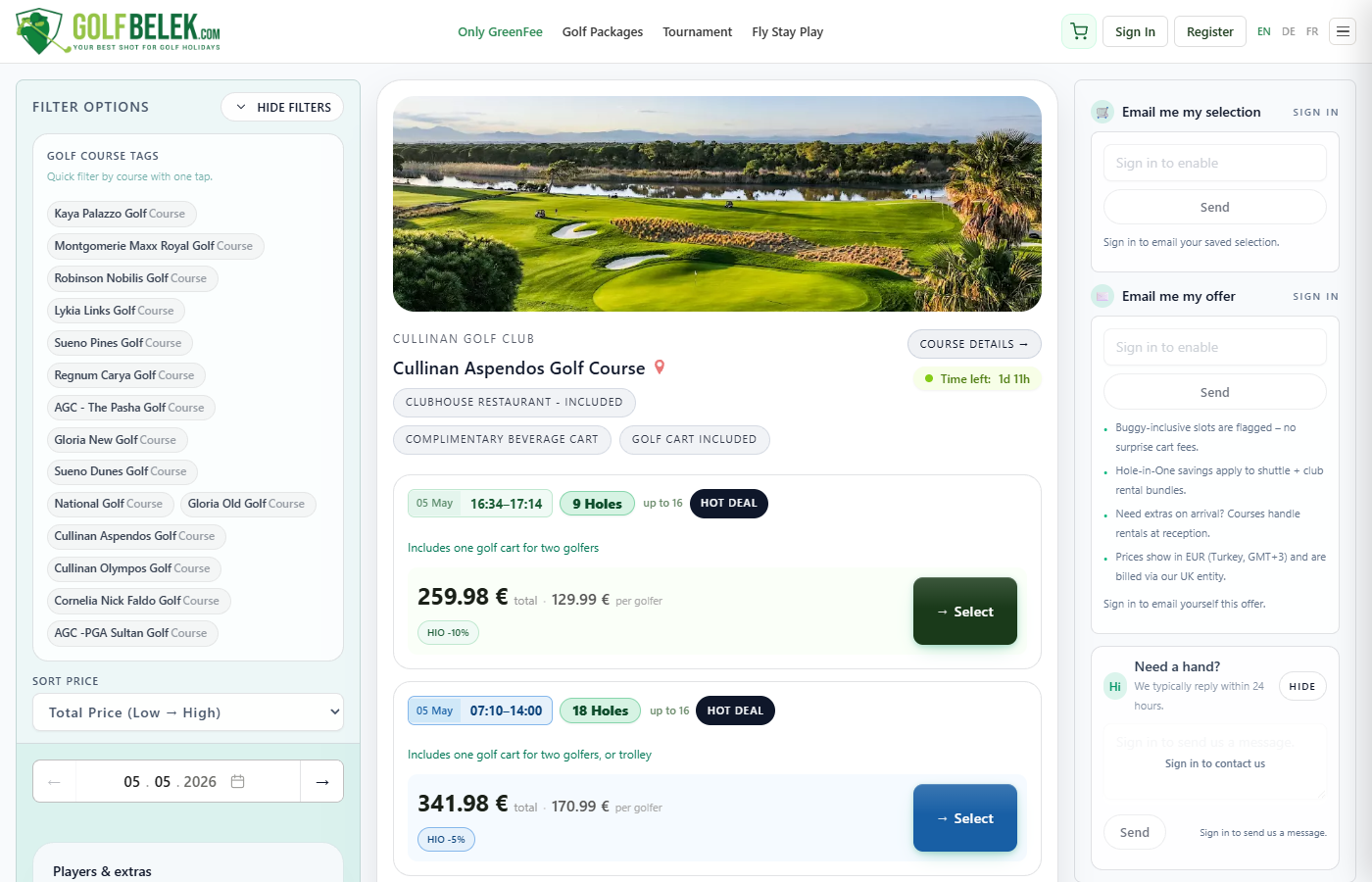 /ogf/en/tee-times/ homepage — filter bar, course cards, hot deal badge