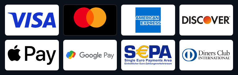 Accepted payment methods: Visa, Mastercard, American Express, Discover, Apple Pay, Google Pay, SEPA, Diners Club International